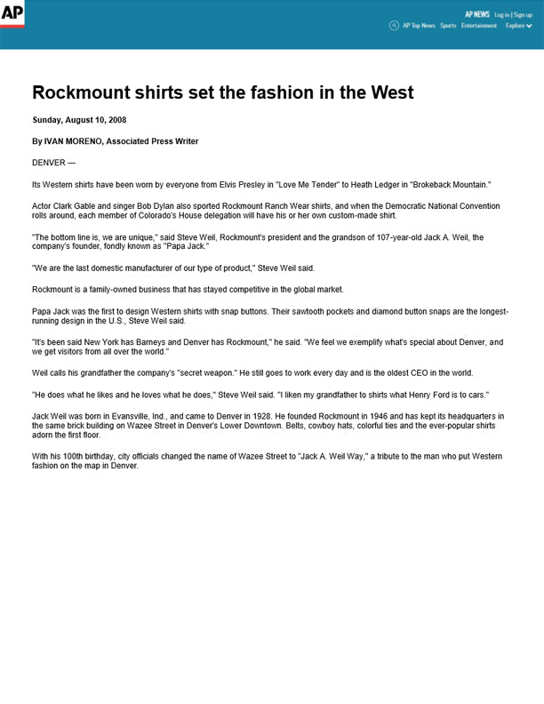 The Associated Press - Rockmount Shirts Set the Fashion in the West