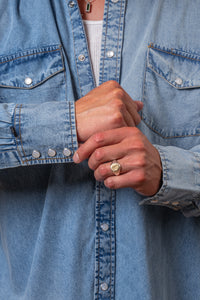 Men's Stonewashed Denim Classic Western Shirt by Rockmount Ranch Wear in blue with round snap closure