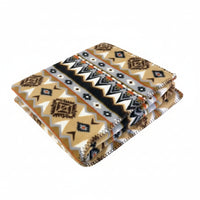 Native Pattern Fleece Western Blanket by Rockmount Ranch Wear in tan and black with blanket-stitch hem