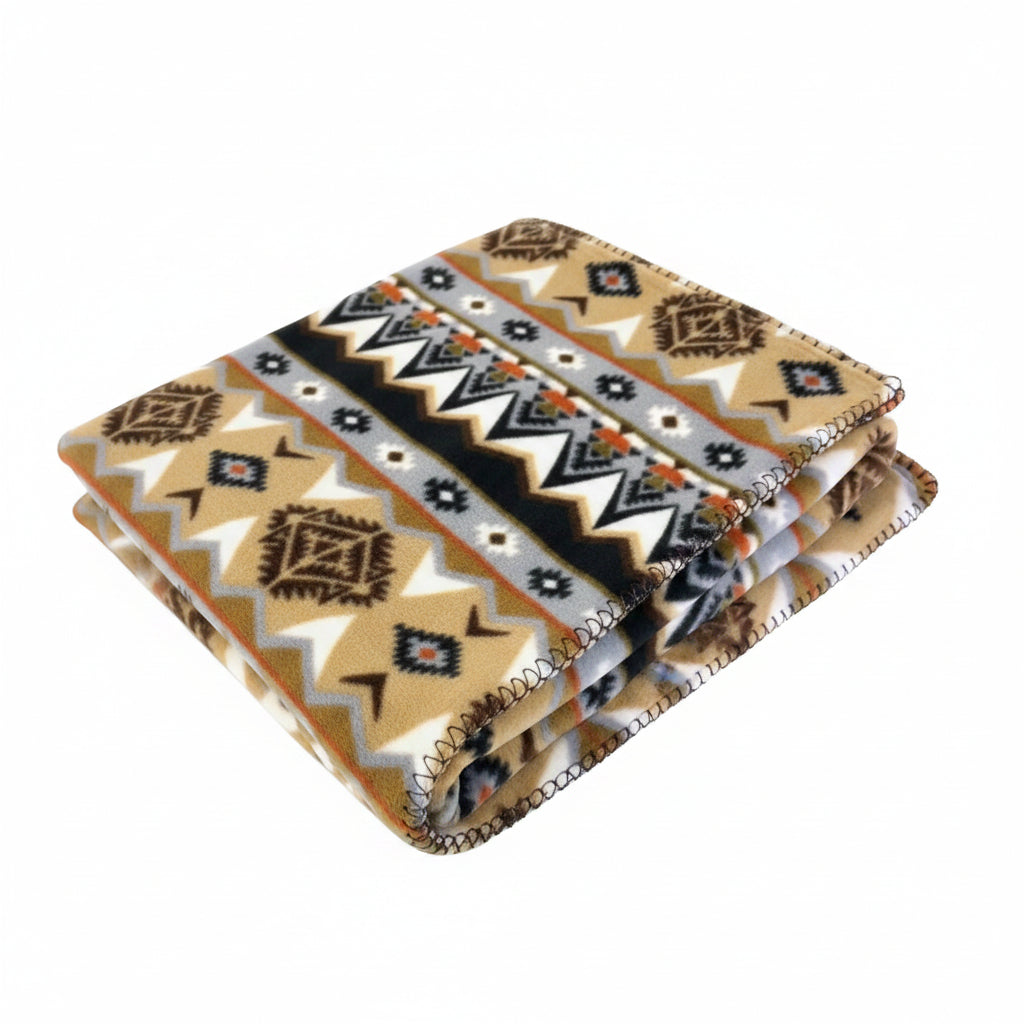 Native Pattern Fleece Western Blanket by Rockmount Ranch Wear in tan and black with blanket-stitch hem