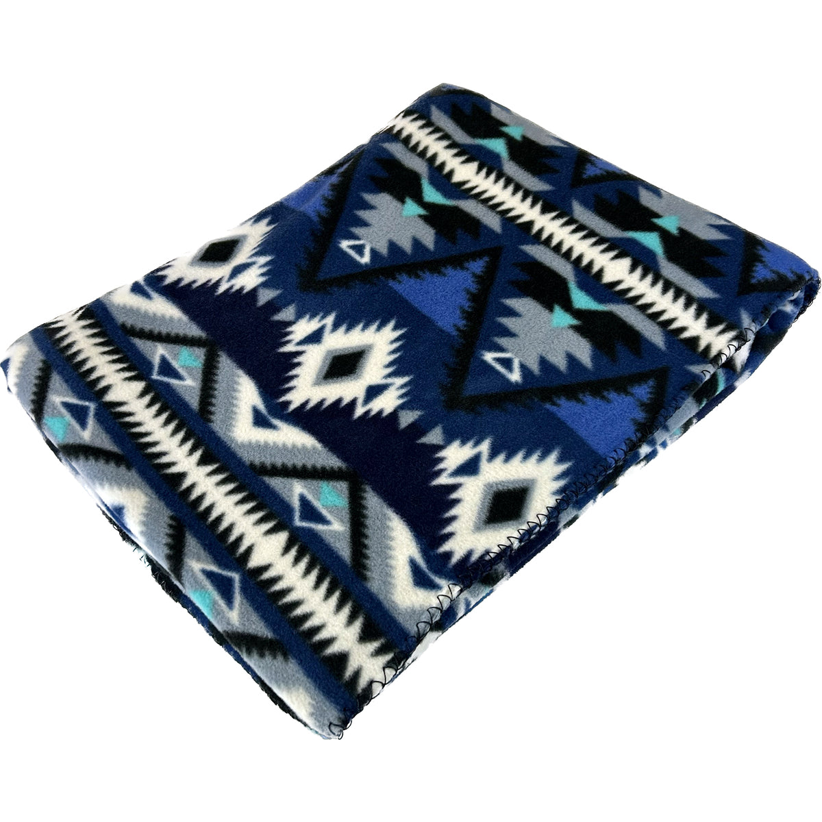 Native Pattern Fleece Western Blanket by Rockmount Ranch Wear in blue and black with blanket-stitch hem