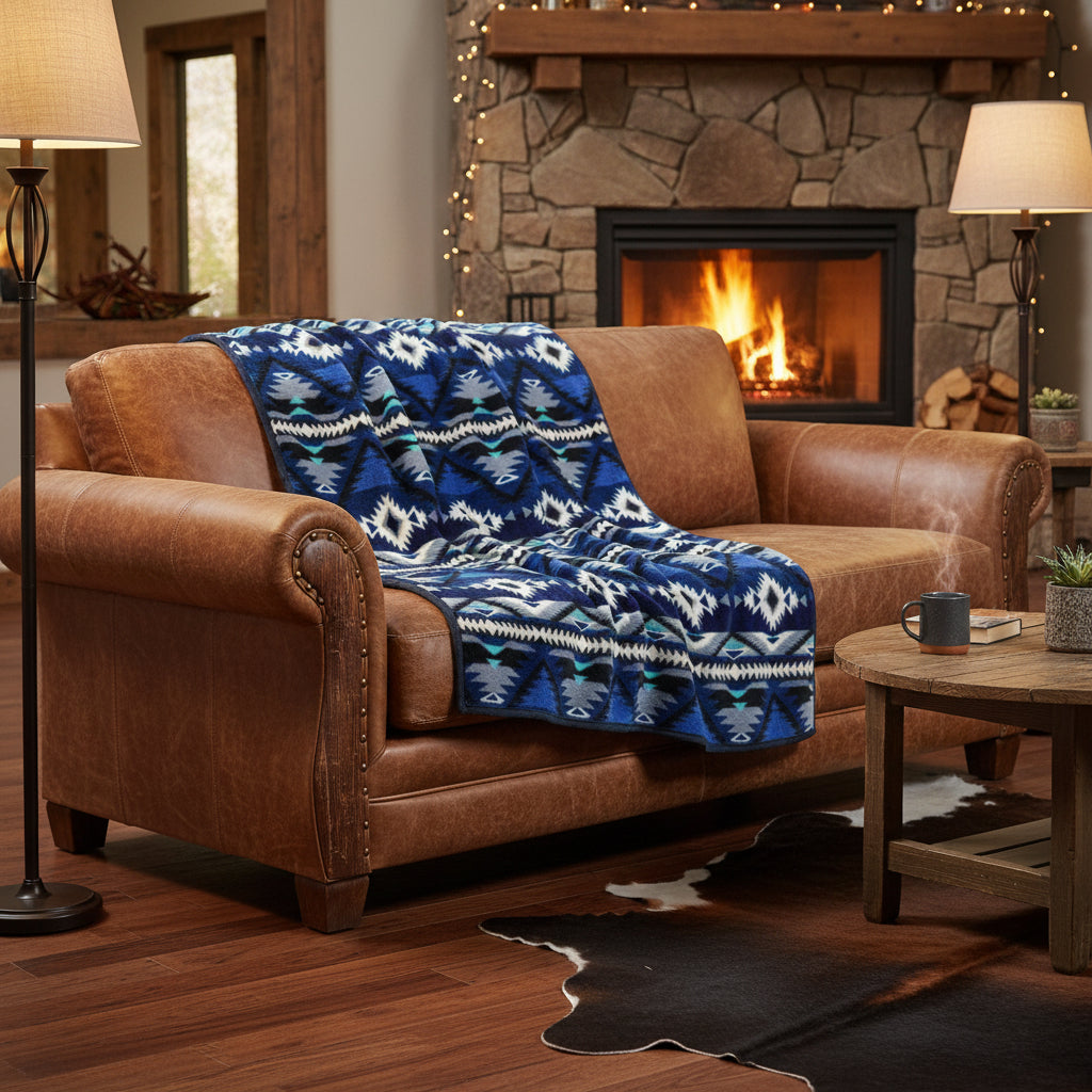 Native Pattern Fleece Western Blanket in blue and black by Rockmount Ranch Wear, fleece throw on sofa