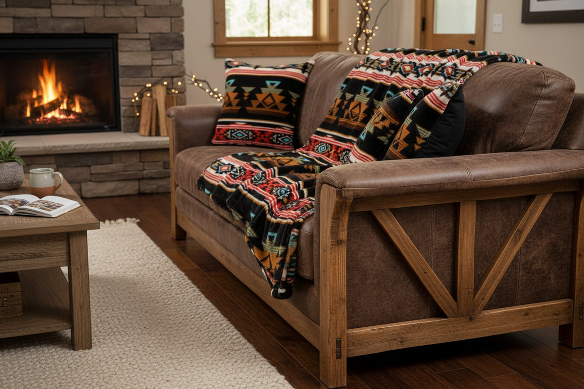 Native Pattern Fleece Western Blanket in rust and black by Rockmount Ranch Wear, 60 inch x 72 inch throw