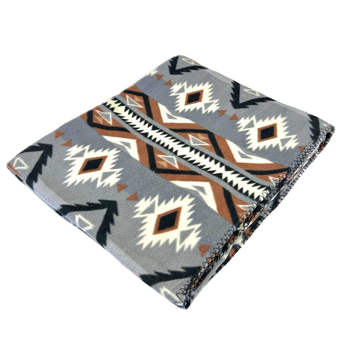 Rockmount Ranch Wear Native Pattern Grey and Brown Fleece Western Blanket with vintage southwestern print and blanket stitch hem