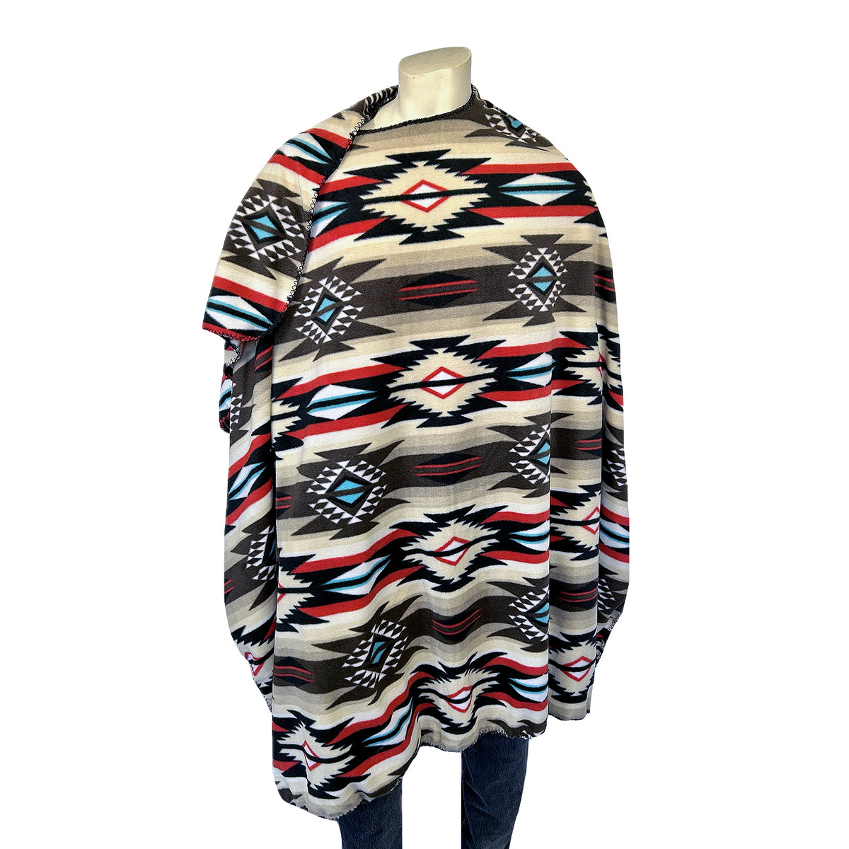 Native Pattern Fleece Western Poncho in Brown Rockmount Ranch Wear with blanket-stitch hem and Native American design fleece