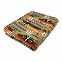 Native Pattern Fleece Western Blanket in camel and red by Rockmount Ranch Wear, blanket-stitch hem