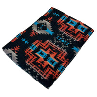 Native Pattern Fleece Western Blanket in black and turquoise by Rockmount Ranch Wear with blanket stitch hem