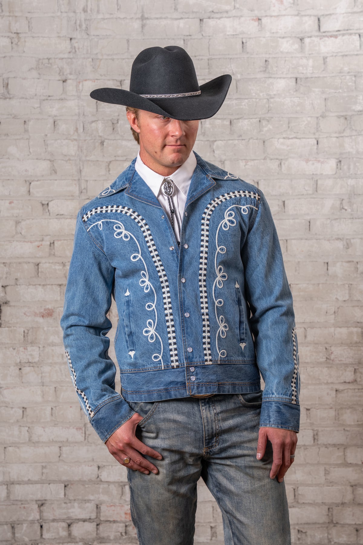 Men's Vintage Western Denim Bolero Jacket with White Rope Embroidery by Rockmount Ranch Wear, vintage western shirt