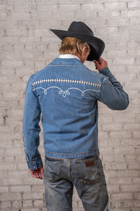 Men's Vintage Western Denim Bolero Jacket with White Rope Embroidery by Rockmount Ranch Wear, indigo denim