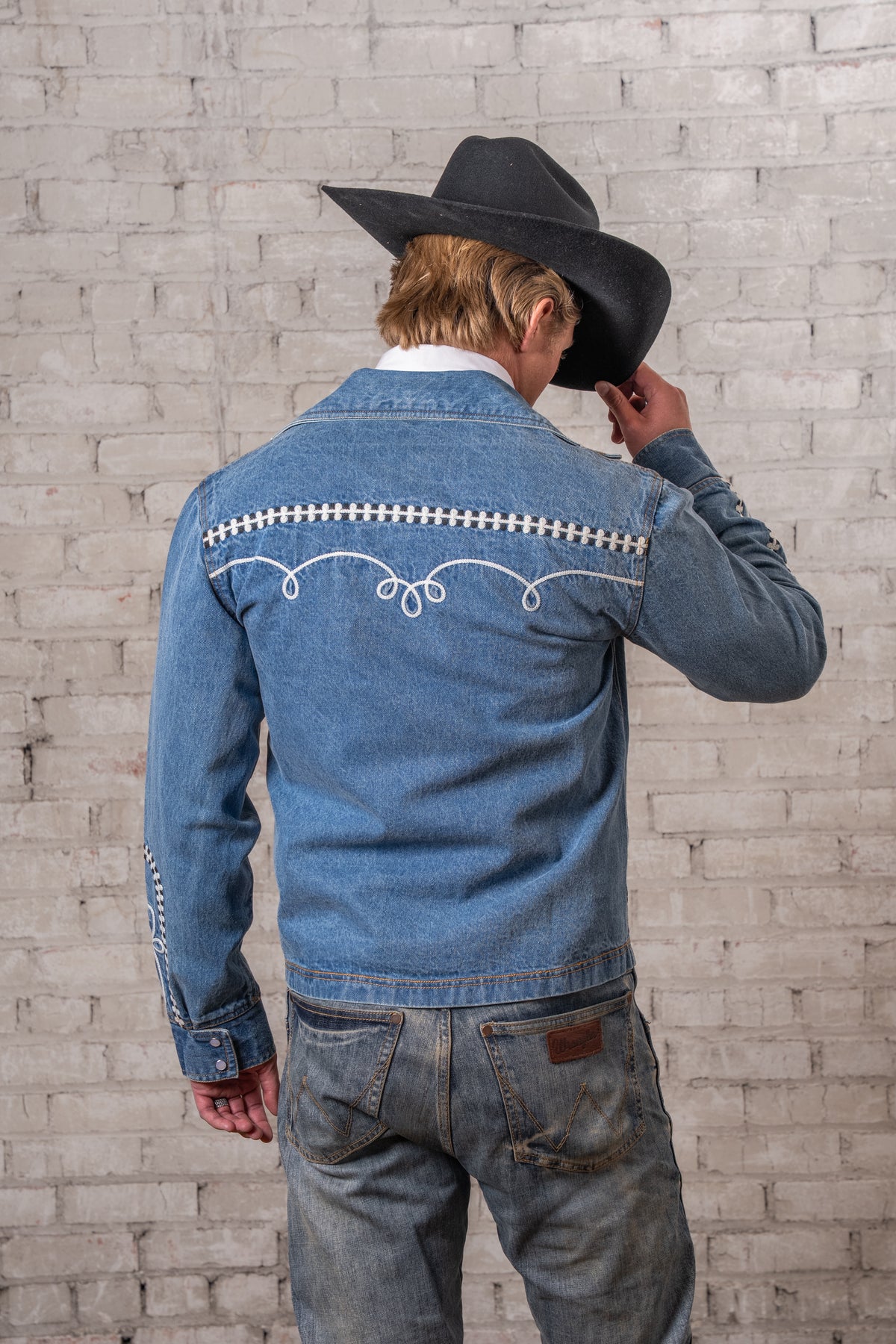 Men's Vintage Western Denim Bolero Jacket with White Rope Embroidery by Rockmount Ranch Wear, indigo denim