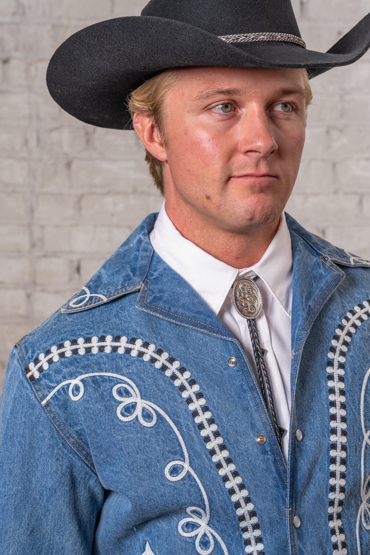 Men's Vintage Western Denim Bolero Jacket with White Rope Embroidery by Rockmount Ranch Wear, stonewashed denim