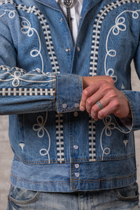Men's Vintage Western Denim Bolero Jacket with White Rope Embroidery by Rockmount Ranch Wear, vintage denim snaps