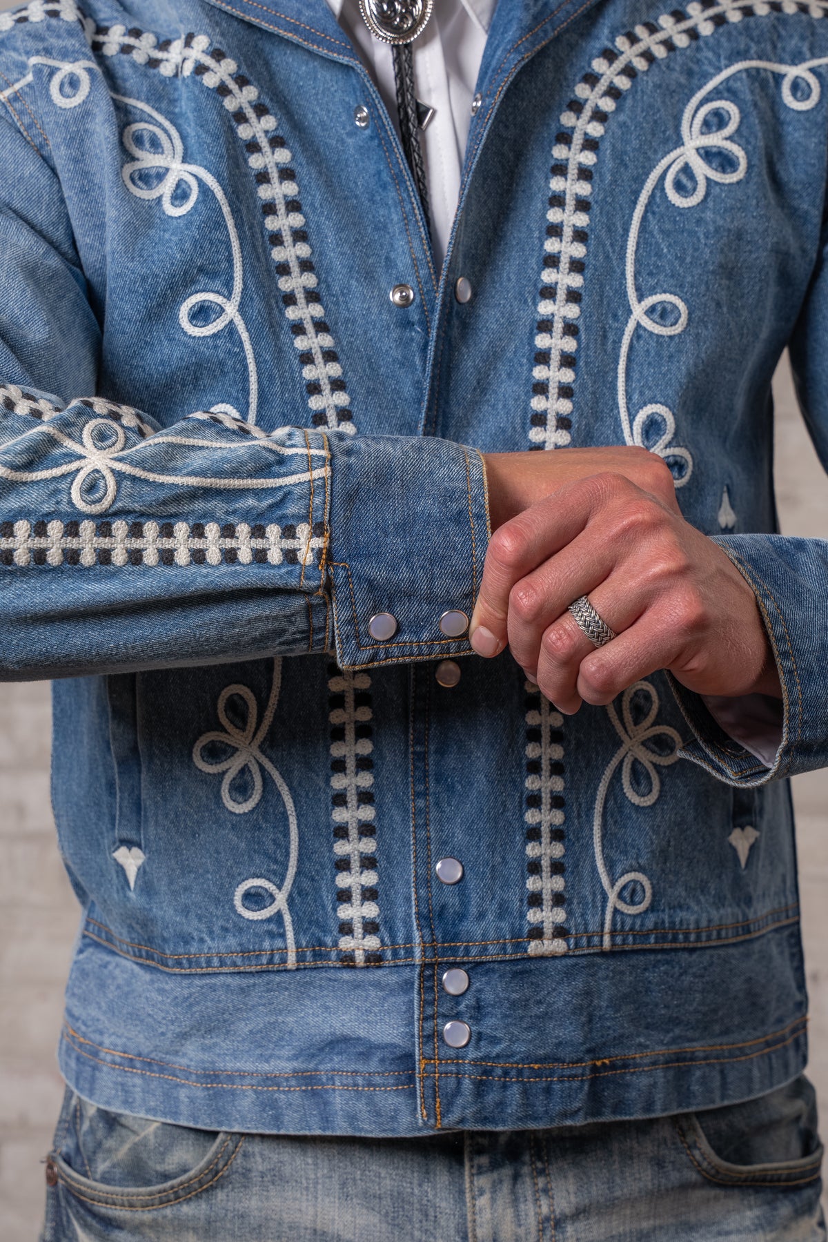 Men's Vintage Western Denim Bolero Jacket with White Rope Embroidery by Rockmount Ranch Wear, vintage denim snaps