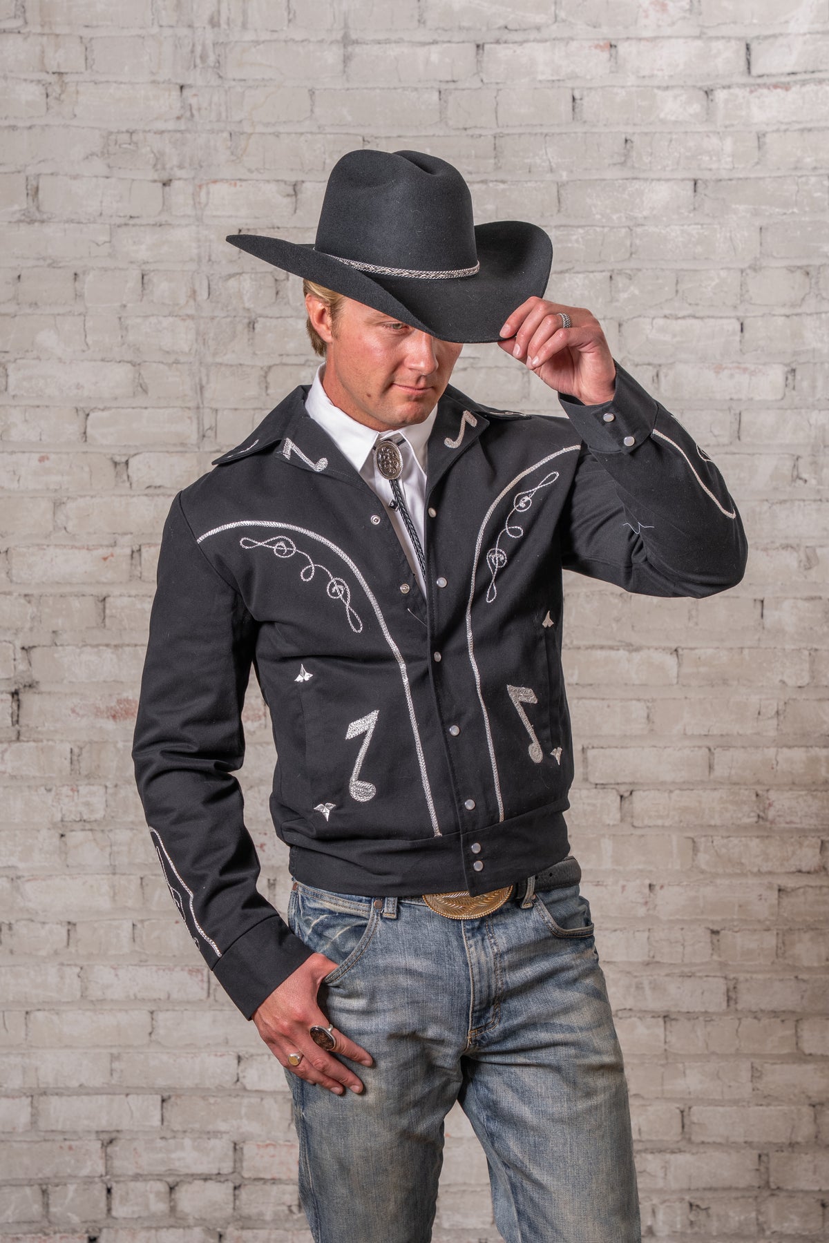 Men's Vintage Western Bolero Jacket with Musical Notes Embroidery by Rockmount Ranch Wear, genuine chenille embroidery