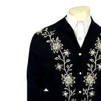 Men's Vintage Western Bolero Jacket with Ivory Floral Embroidery by Rockmount Ranch Wear, genuine chenille embroidered floral