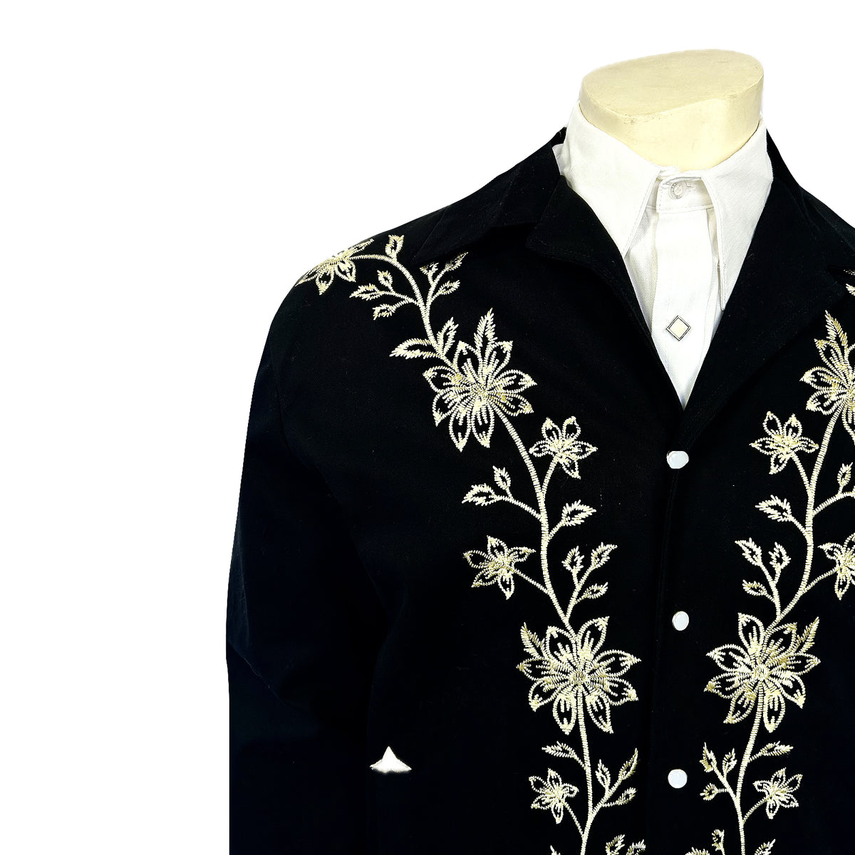 Men's Vintage Western Bolero Jacket with Ivory Floral Embroidery by Rockmount Ranch Wear, genuine chenille embroidered floral