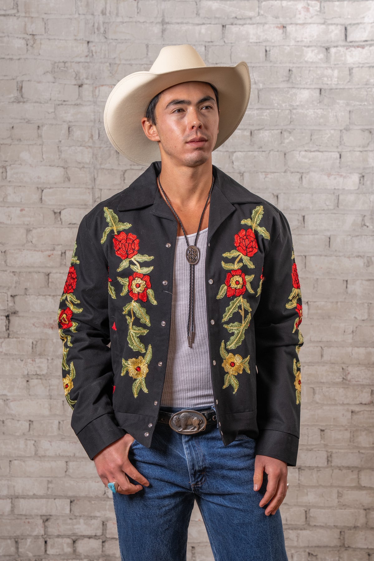 Men's Vintage Western Bolero Jacket with Red Floral Embroidery by Rockmount Ranch Wear, genuine chenille embroidery