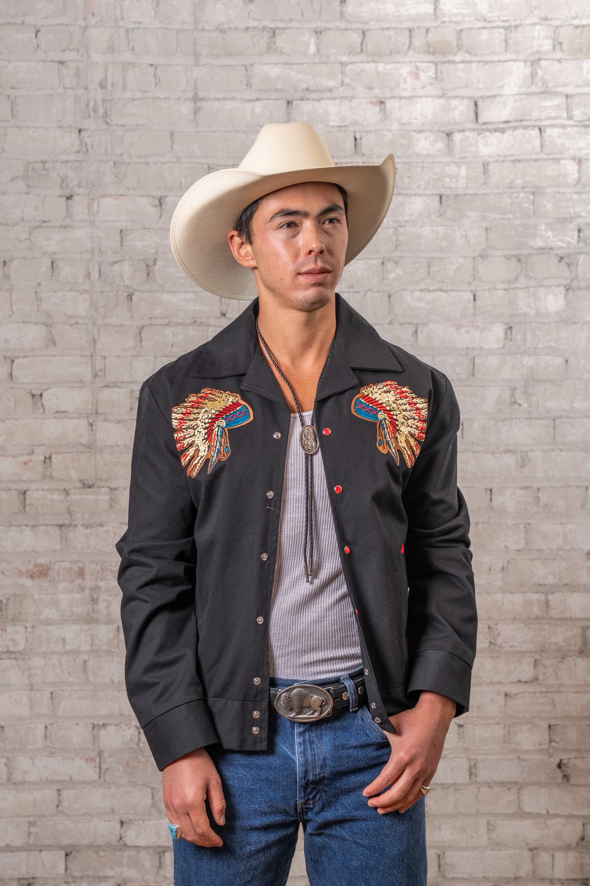 Men's Gabardine Warbonnet Embroidered Western Bolero Jacket Rockmount Ranch Wear black with heavily embroidered front