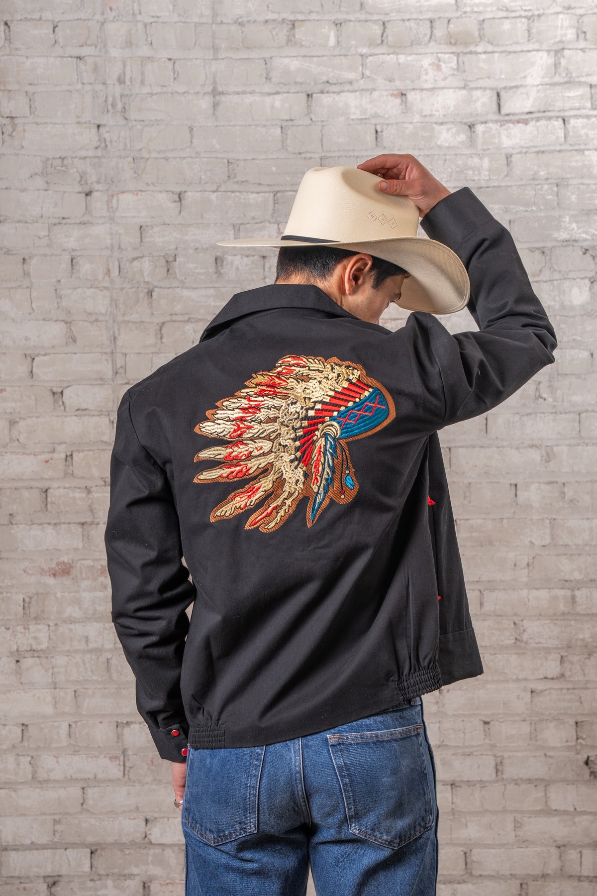 Men's Gabardine Warbonnet Embroidered Western Bolero Jacket by Rockmount Ranch Wear, heavily embroidered front