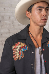 Men's Gabardine Warbonnet Embroidered Western Bolero Jacket by Rockmount Ranch Wear, vintage fringe embroidery