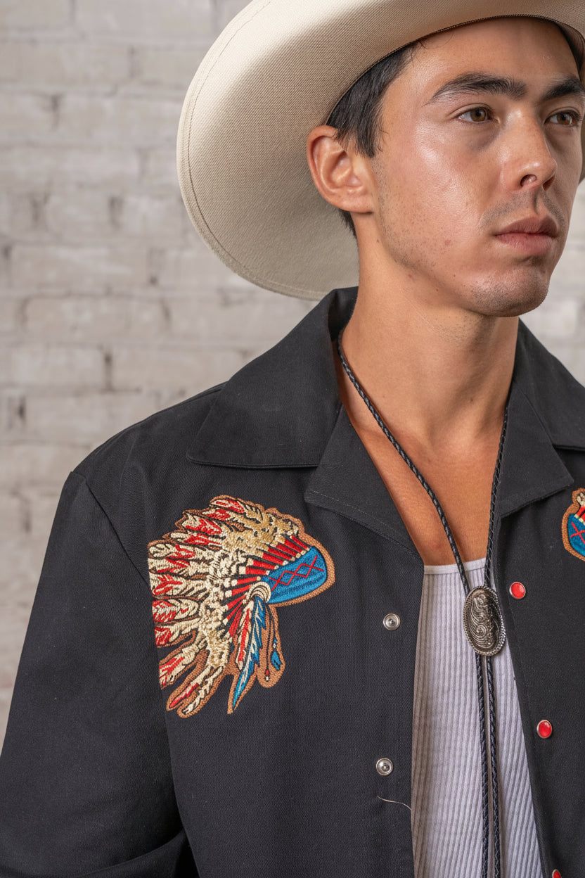 Men's Gabardine Warbonnet Embroidered Western Bolero Jacket by Rockmount Ranch Wear, vintage fringe embroidery