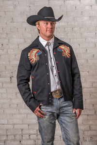 Men's Gabardine Warbonnet Embroidered Western Bolero Jacket by Rockmount Ranch Wear in vintage black with embroidered floral