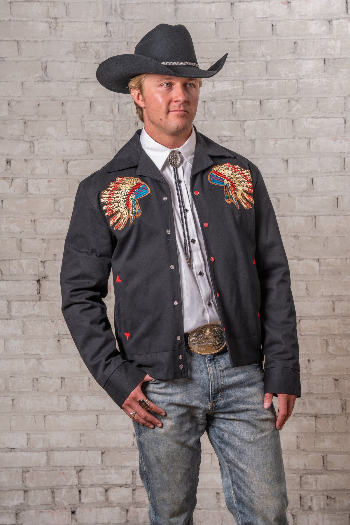 Men's Gabardine Warbonnet Embroidered Western Bolero Jacket by Rockmount Ranch Wear in vintage black with embroidered floral