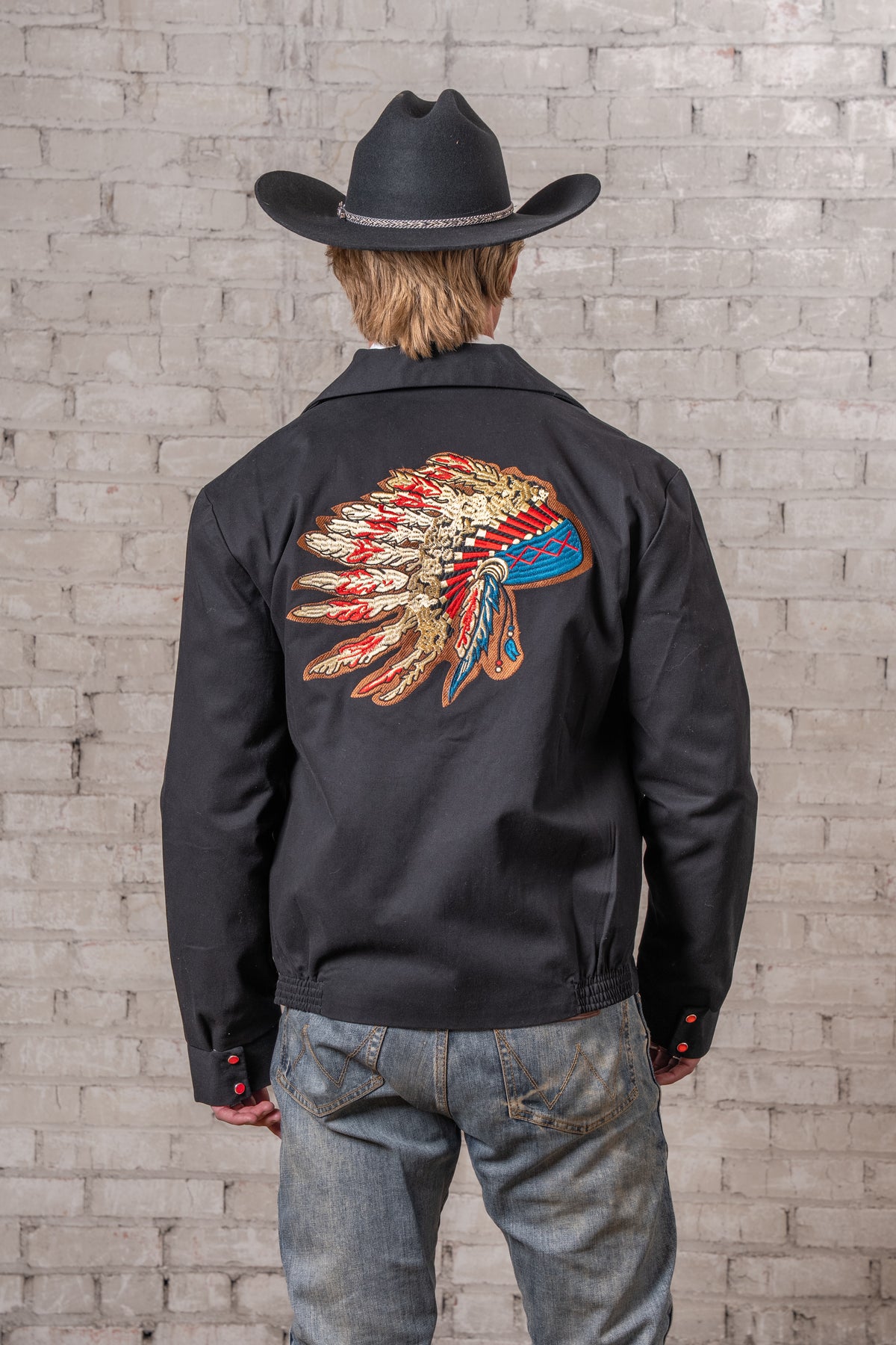 Men's Gabardine Warbonnet Embroidered Western Bolero Jacket by Rockmount Ranch Wear, heavily embroidered back