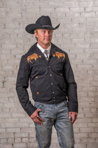 Men's Vintage Black Suede Cloth Western Bolero Jacket with Bison Embroidery by Rockmount Ranch Wear, western wear