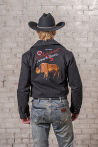 Men's Vintage Black Suede Cloth Western Bolero Jacket with Bison Embroidery by Rockmount Ranch Wear