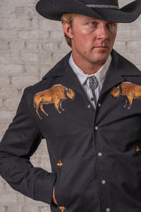 Men's vintage black suede cloth western bolero jacket by Rockmount Ranch Wear with bison embroidery on shoulders
