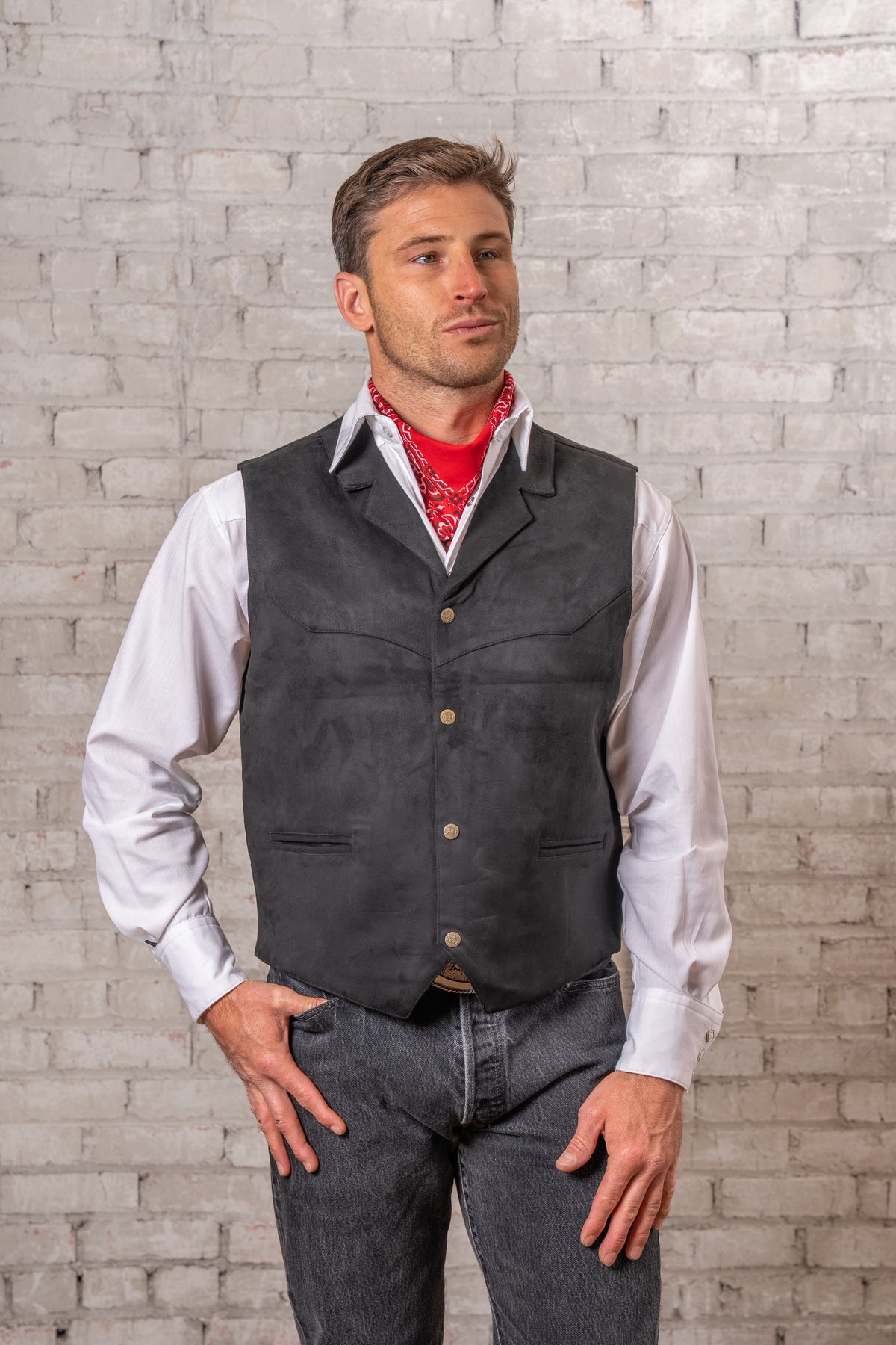Men's Black Suede Cloth Vest Rockmount Ranch Wear with western-style collar and pocket detailing, cowhide leather