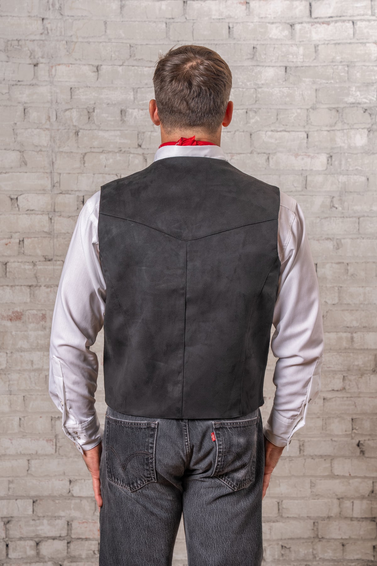 Men's Black Suede Cloth Vest Rockmount Ranch Wear with cowhide leather and hand lacing front, collar and pockets