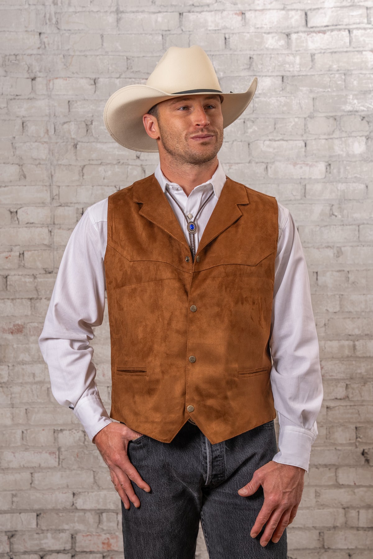 Men's Tan Suede Cloth Leather Western Vest by Rockmount Ranch Wear with hand-lacing and soft cowhide finish