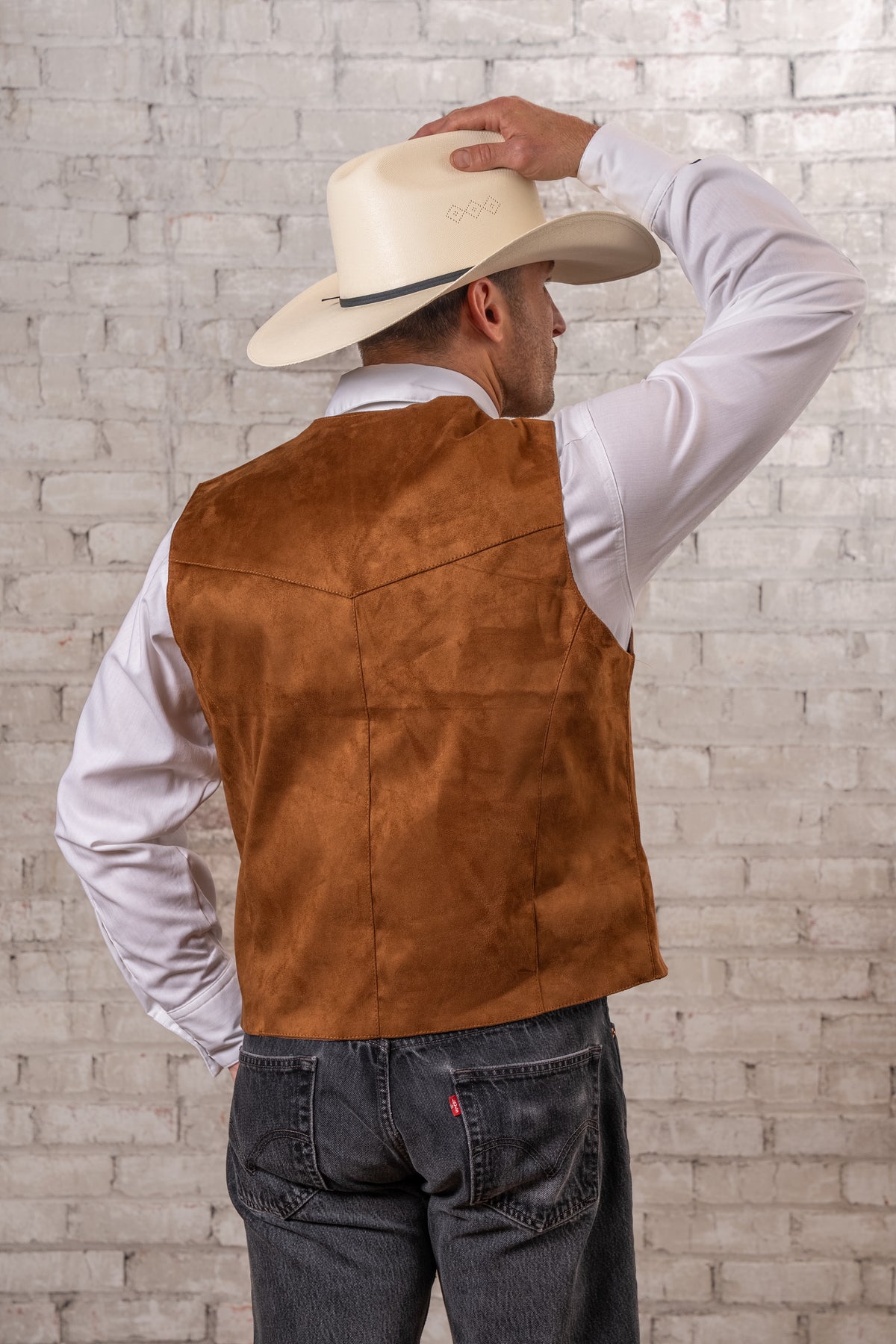 Men's Tan Suede Cloth Leather Western Vest by Rockmount Ranch Wear, cowhide leather with hand-lacing