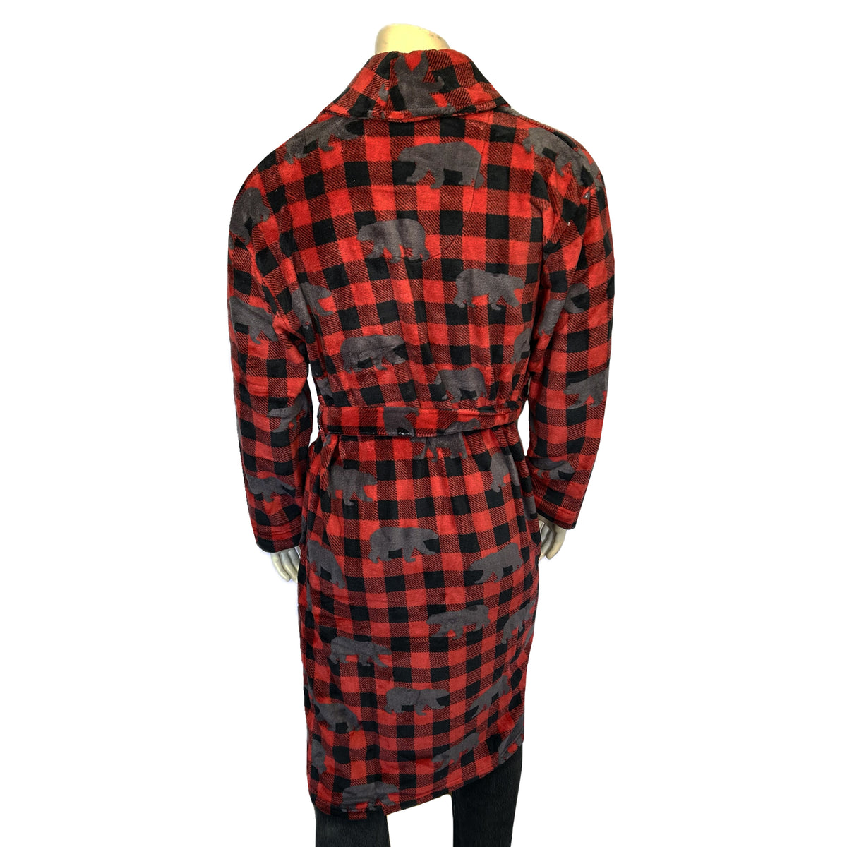 Plush Adult Western Robe in Red by Rockmount Ranch Wear, vintage plaid fleece robe with belt and pockets, size M