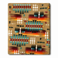 Native Pattern Fleece Western Blanket in camel with vintage western shirt fringe and blanket-stitch hem, Rockmount Ranch Wear