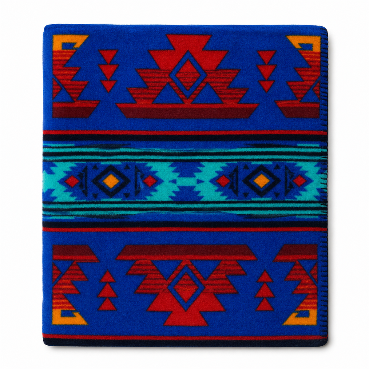 Native Pattern Fleece Western Blanket by Rockmount Ranch Wear in blue and red with fringe and embroidered floral design