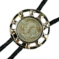 Gold Wagon Wheel with Genuine Buffalo Nickel Western Bolo Tie by Rockmount Ranch Wear with leatherette cord