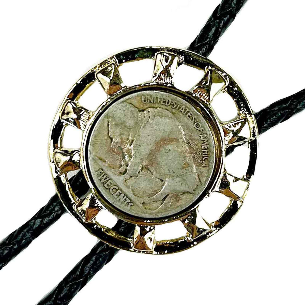 Gold Wagon Wheel with Genuine Buffalo Nickel Western Bolo Tie by Rockmount Ranch Wear with leatherette cord