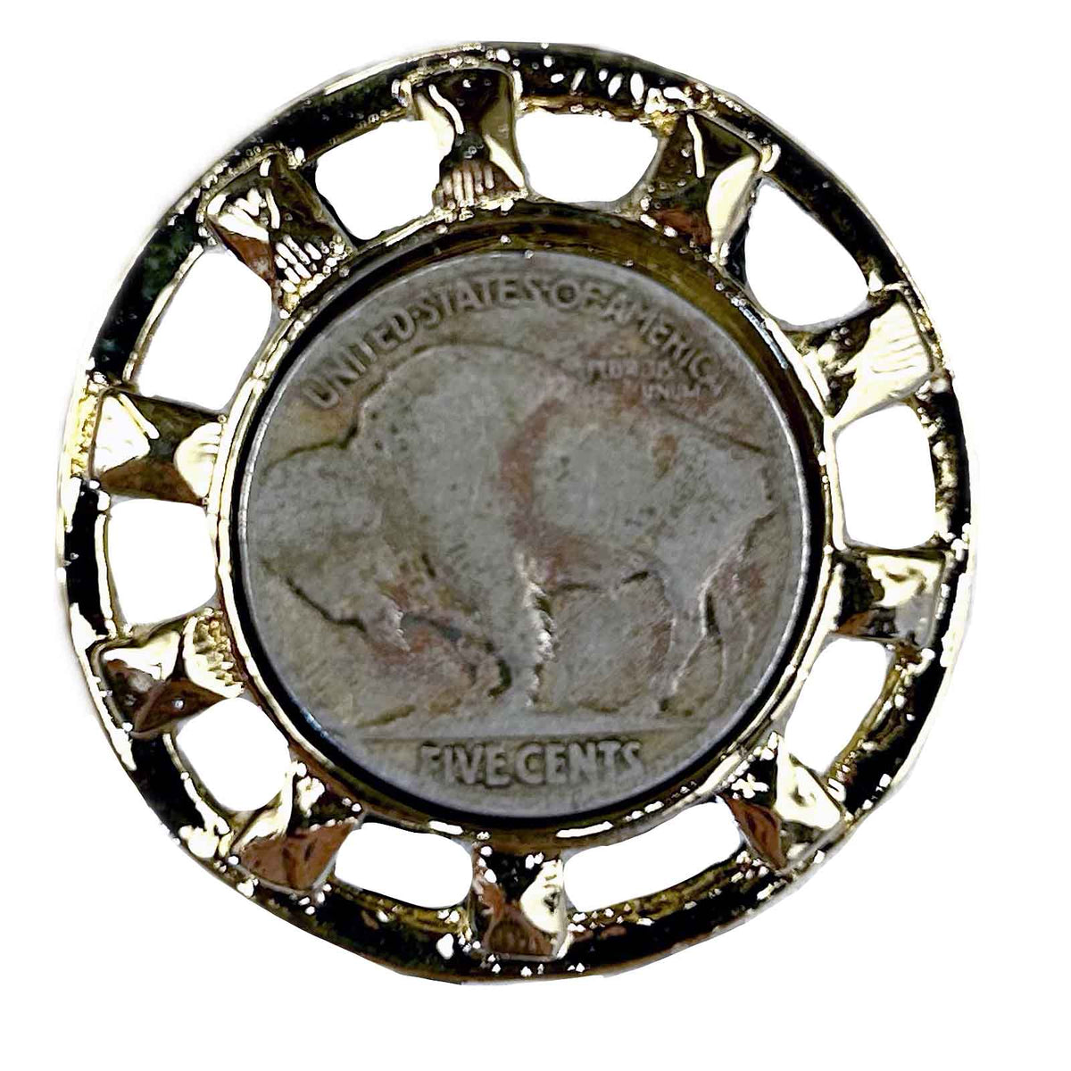 Gold Wagon Wheel with Genuine Buffalo Nickel Western Bolo Tie by Rockmount Ranch Wear, genuine buffalo nickel coin inset