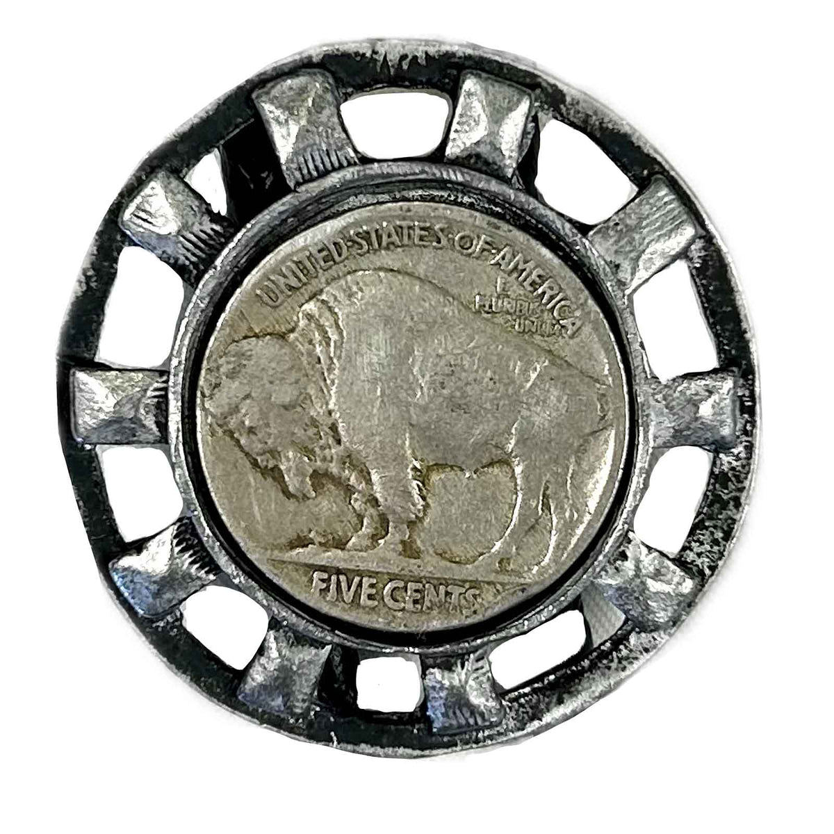 Silver Wagon Wheel with Genuine Buffalo Nickel Western Bolo Tie - Rockmount