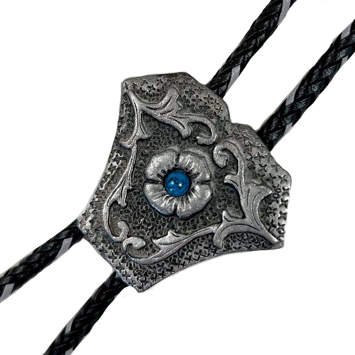Silver Shield with Turquoise Stone Inlay Western Bolo Tie by Rockmount Ranch Wear, leatherette cord