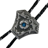 Silver Shield with Turquoise Stone Inlay Western Bolo Tie by Rockmount Ranch Wear, leatherette cord