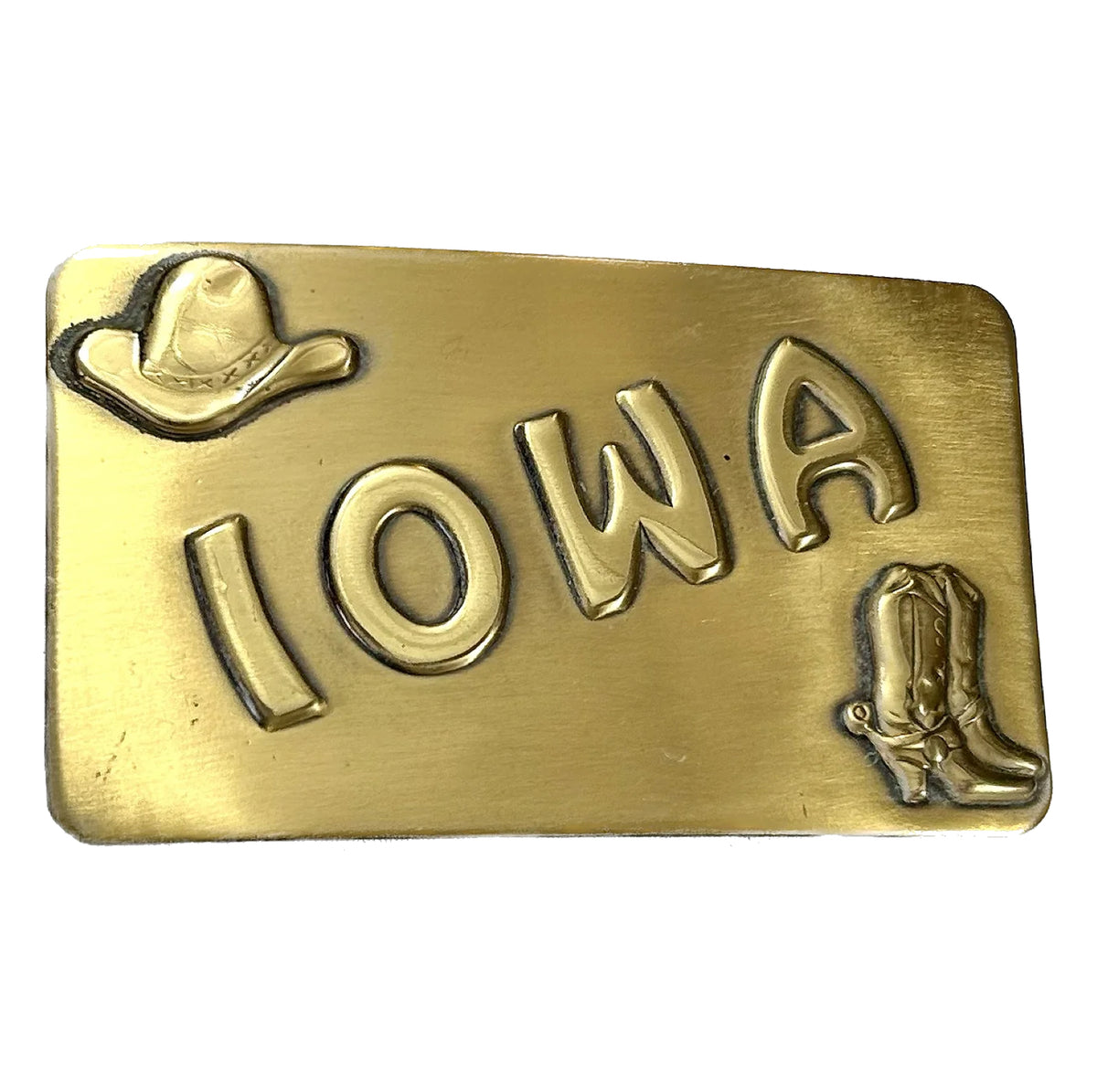 Vintage Brass Iowa State Western Belt Buckle by Rockmount Ranch Wear, made in USA brass with cowboy hat motif