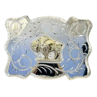 American Bison Western Belt Buckle by Rockmount Ranch Wear, nickel silver buckle with mirrored buffalo design