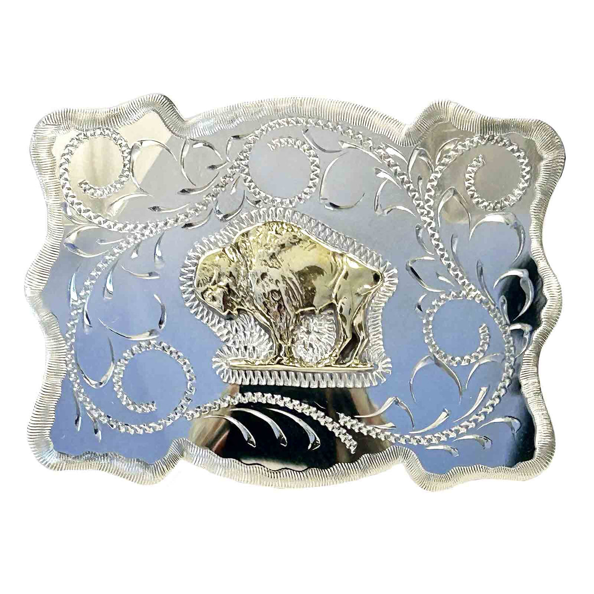 American Bison Western Belt Buckle by Rockmount Ranch Wear, nickel silver buckle with mirrored buffalo design