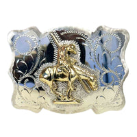 End of the Trail Western Belt Buckle by Rockmount Ranch Wear with mirrored finish and gold cowboy motif