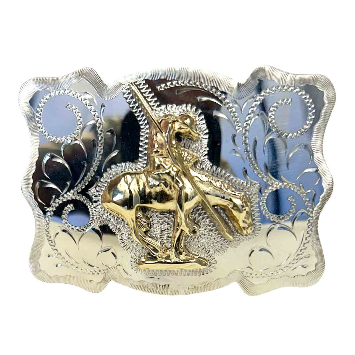 End of the Trail Western Belt Buckle by Rockmount Ranch Wear with mirrored finish and gold cowboy motif