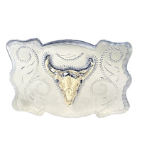 Steer Skull Western Belt Buckle by Rockmount Ranch Wear in brass with rope engraving detail